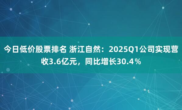 今日低价股票排名 浙江自然：2025Q1公司实现营收3.6亿元，同比增长30.4％